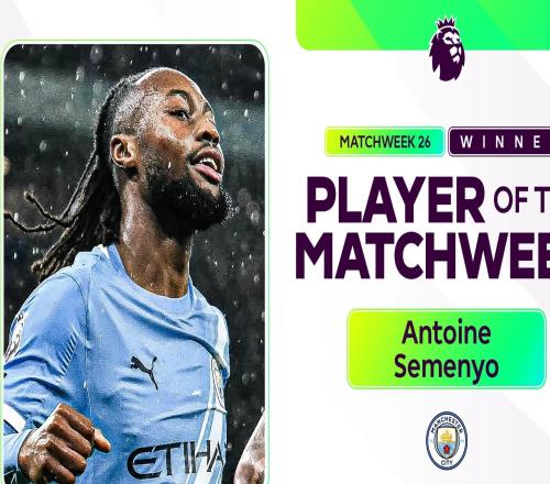 官方：曼城前锋塞门约当选英超第26轮最佳球员