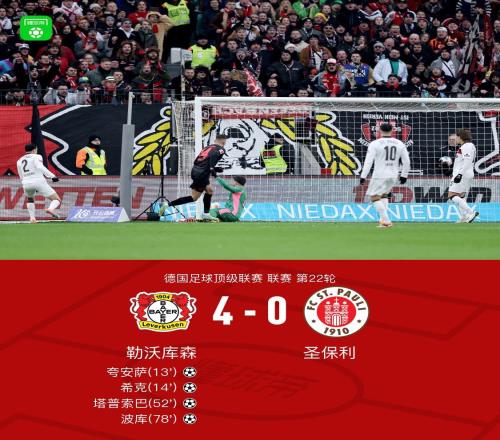 勒沃库森40圣保利四轮不败，波库传射建功