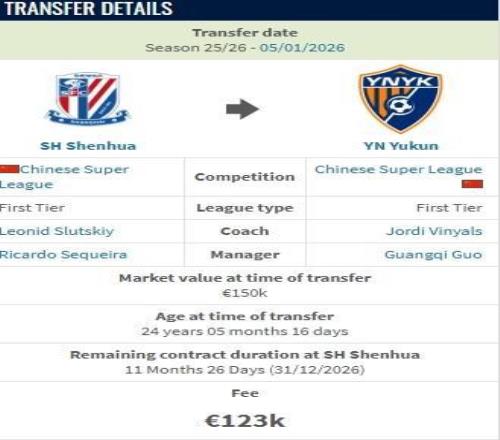 德转：费尔南多从申花加盟云南的转会费约100万人民币