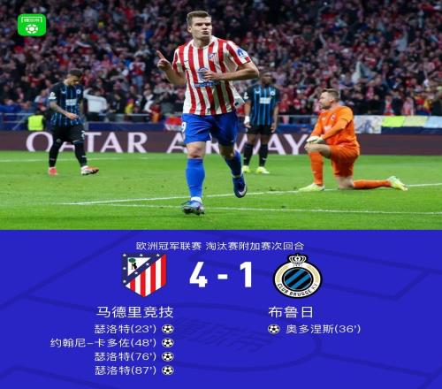 马竞总分74布鲁日晋级欧冠16强，瑟洛特戴帽，卡多佐破门