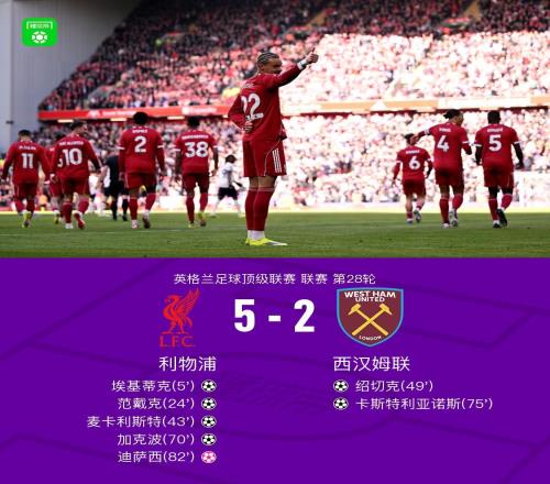 剑南春利物浦52西汉姆联，埃基蒂克两传一射，加克波建功