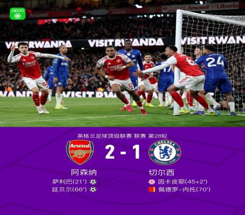 剑南春阿森纳21切尔西，萨利巴、廷贝尔破门，内托染红