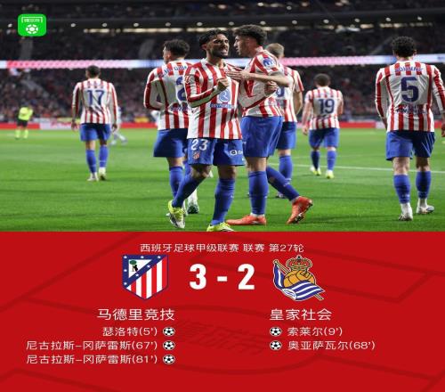 马竞32皇家社会，冈萨雷斯替补双响，瑟洛特、奥亚萨瓦尔破门