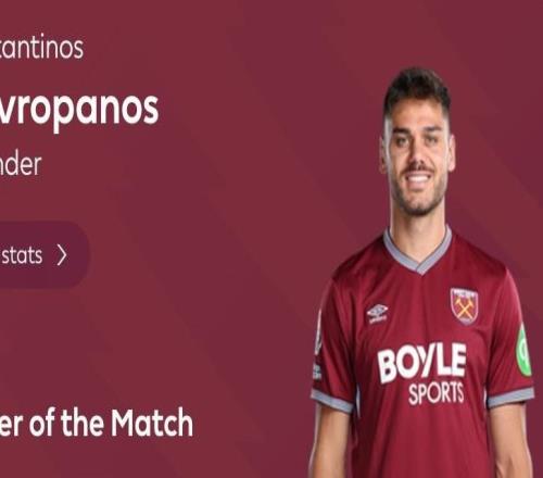 头球破门+10次解围，马夫罗帕诺斯当选西汉姆11曼城全场最佳