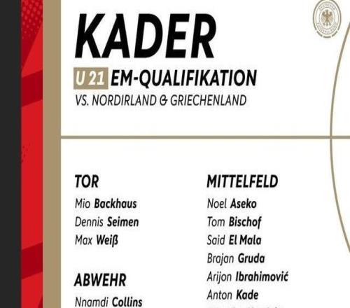 德国U21新一期大名单：比朔夫、赛义德马拉、格鲁达在列