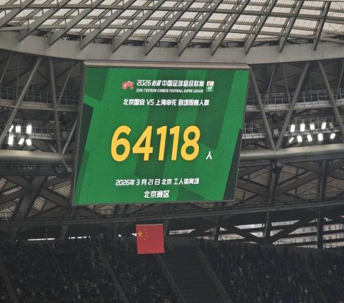 国安vs申花现场观众人数高达64118人，排名中超历史第二