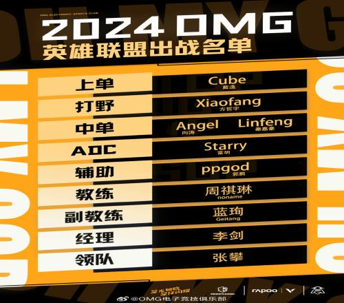OMG官宣夏季赛大名单：双中单Angel、Linfeng轮换下路Starry