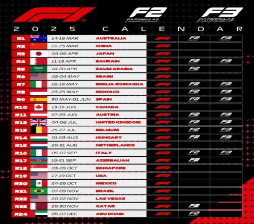 F1、F2、F3发布2025年赛历，上海大奖赛为赛季第二站