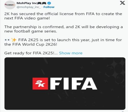 曝2K将开发《FIFA》新作：《FIFA25》今年就会发售