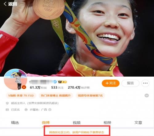 发布李盈莹点赞袁心玥没有与朱婷击掌的博主，已被微博禁言