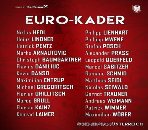 奥地利公布欧洲杯26人名单：阿瑙、莱默尔、萨比策领衔德甲大军