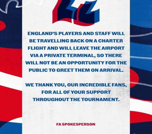 英格兰队公告：球队将包机返回&谢绝接机，感谢球迷的支持