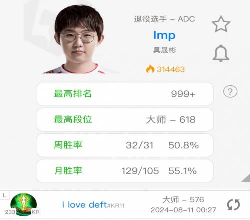 绷不住了IMP七夕节更改韩服ID：ilovedeft