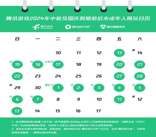 腾讯公布未成年人中秋国庆游戏日历：38天内共计可游玩18小时