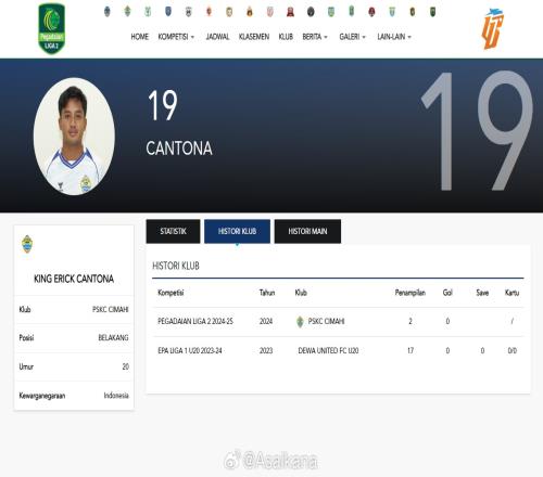 印尼乙级联赛有名20岁球员名叫坎通纳，全名：国王埃里克坎通纳