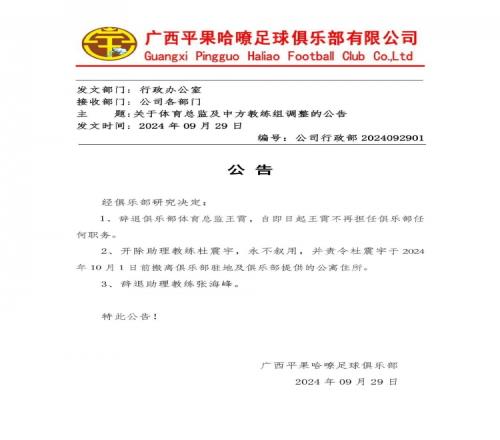 关于体育总监及中方教练组调整的公告