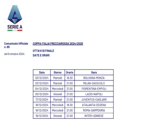意杯18决赛赛程：米兰战萨索洛、尤文战卡利亚里、国米战乌鸡