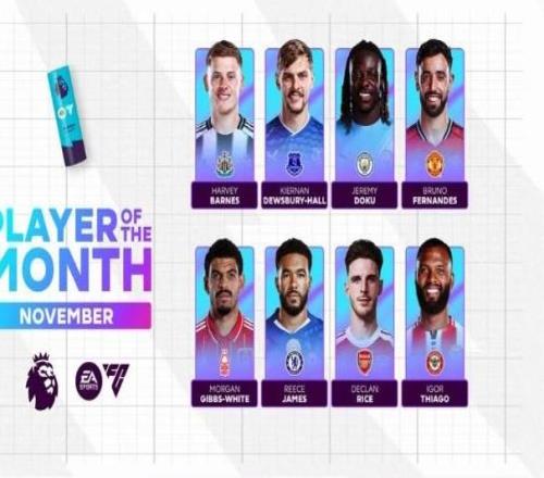 英超11月最佳球员候选：多库、B费、里斯詹姆斯、赖斯等在列