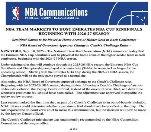 联盟官宣：明年起NBA杯半决赛将在战绩更好的球队主场进行