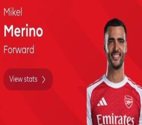 传射建功，梅里诺当选阿森纳vs小蜜蜂全场最佳球员