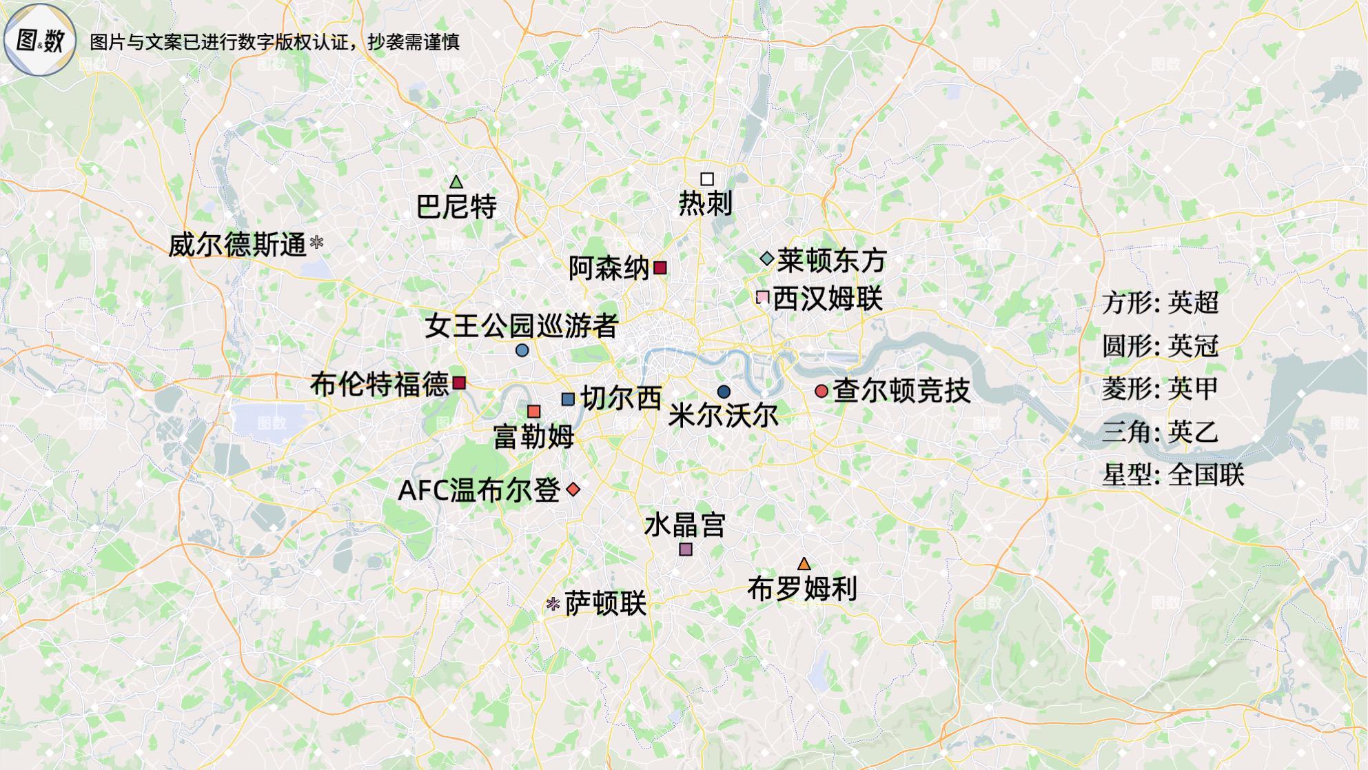 伦敦主要足球俱乐部分布图：英超七队、五级联赛全覆盖