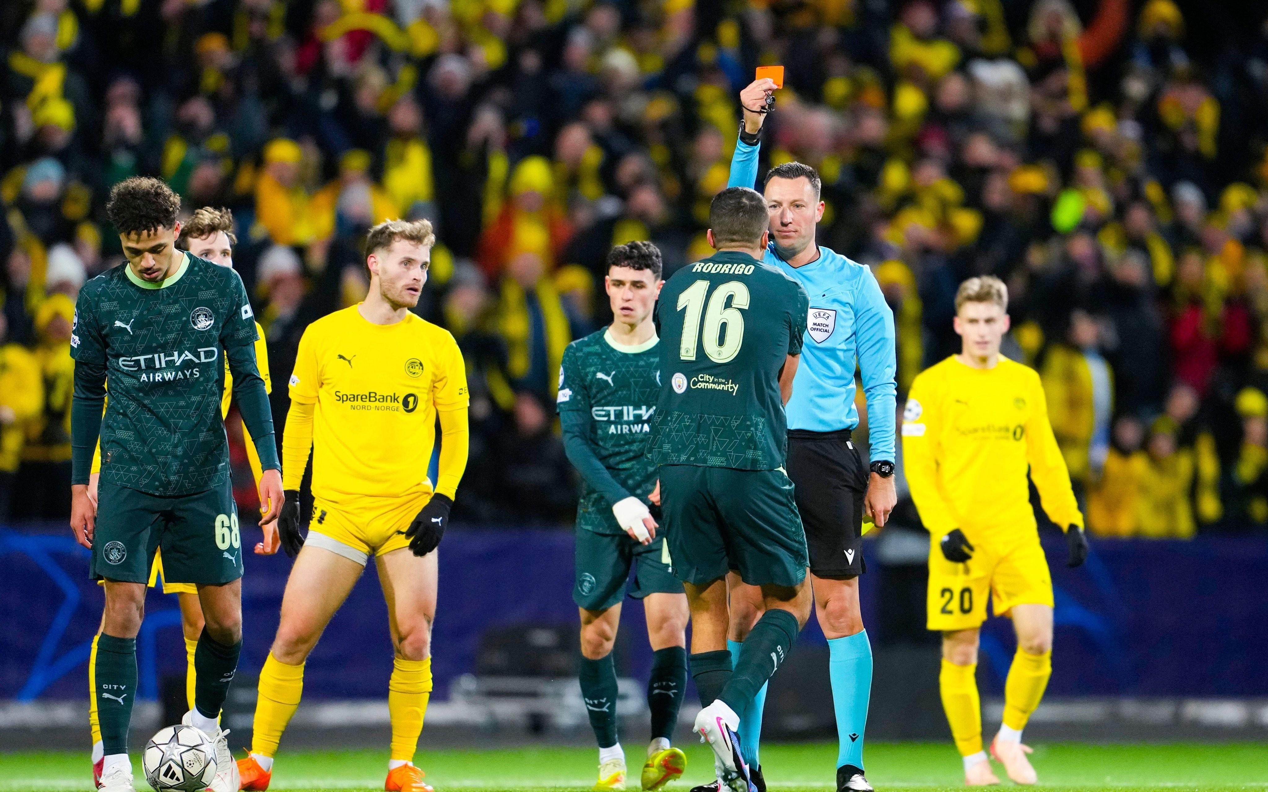 客战博德闪耀53秒连得两黄被罚下，罗德里职业生涯第二次染红