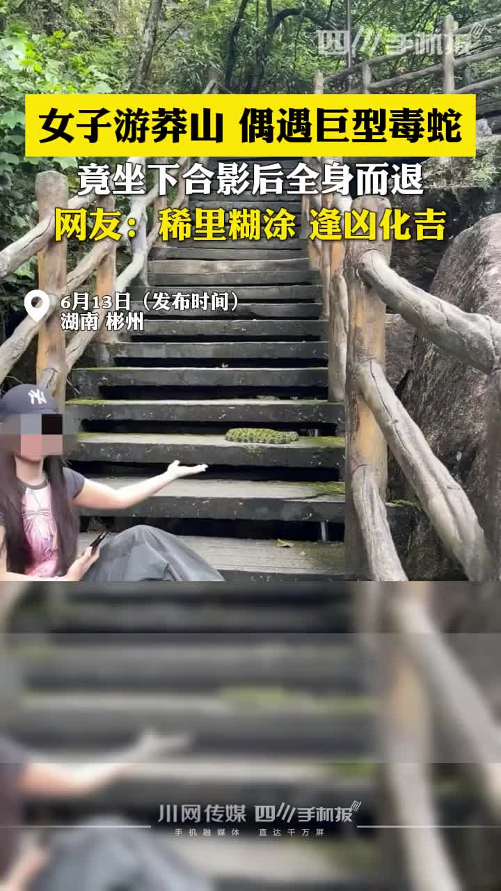 女子偶遇巨型毒蛇，竟坐下合影后全身而退！