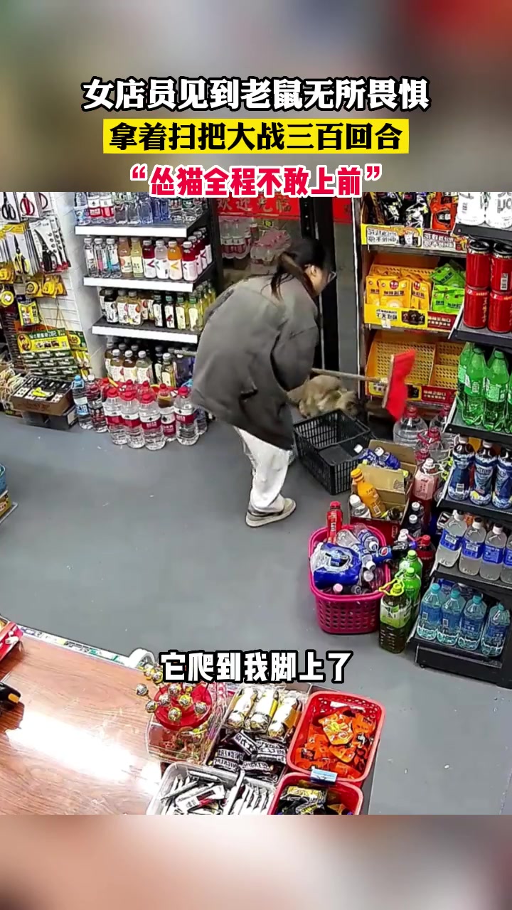 女店员见到老鼠无所畏惧，拿着扫把大战三百回合！