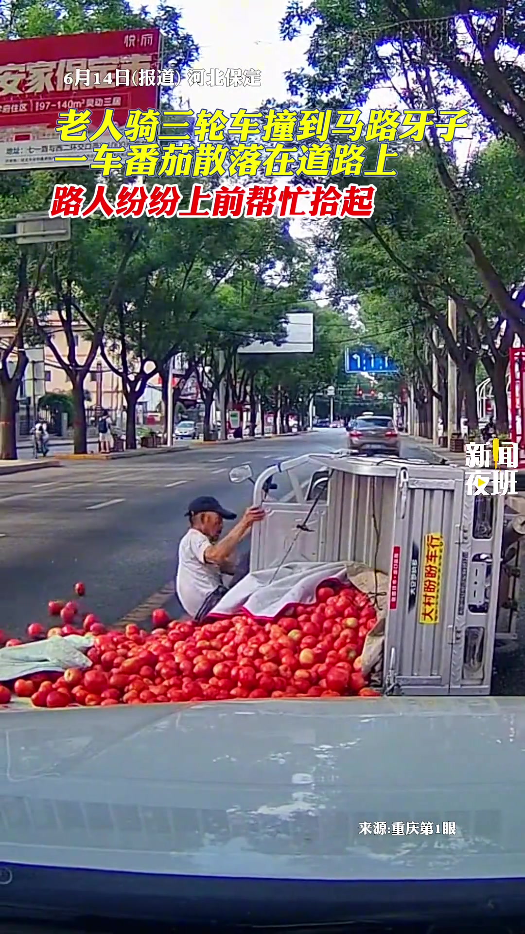 老人一车番茄散落在道路上，路人纷纷上前帮忙拾起。