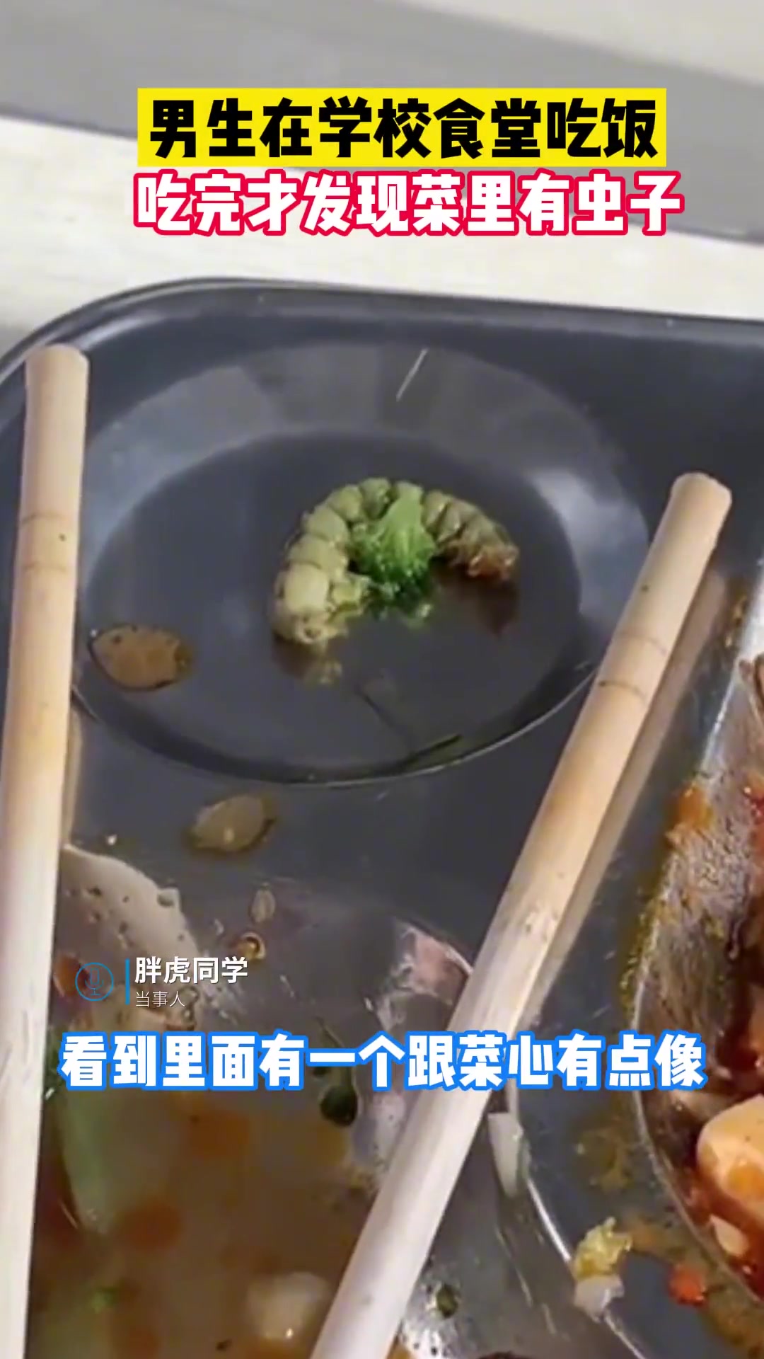男生在学校食堂吃饭 吃完才发现菜里有虫子