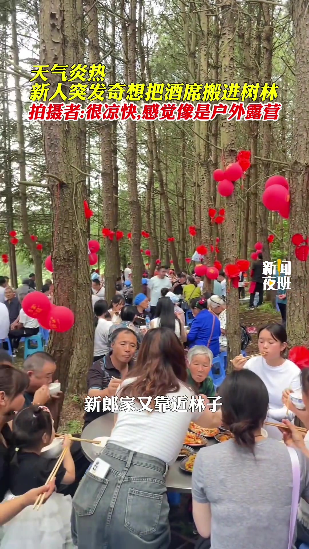 天气炎热，贵州某地区新人突发奇想把酒席搬进树林