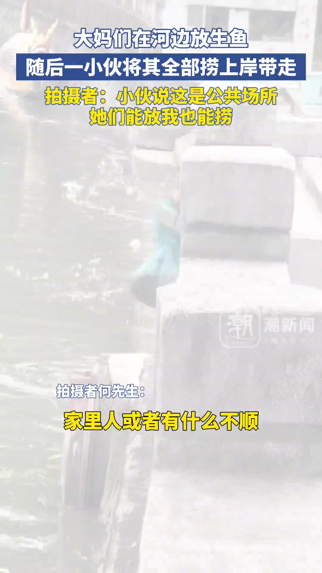 大妈在河边放生鱼后小伙儿将其全部捞上岸带走
