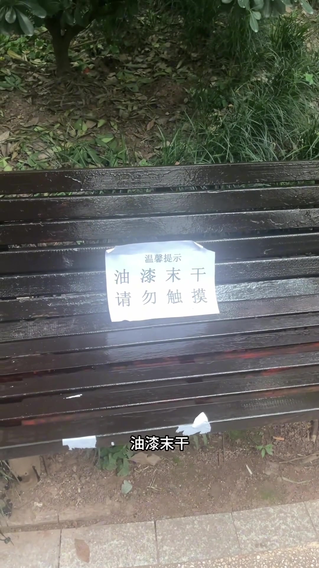 新刷油漆的座椅，贴的温馨提示亮了