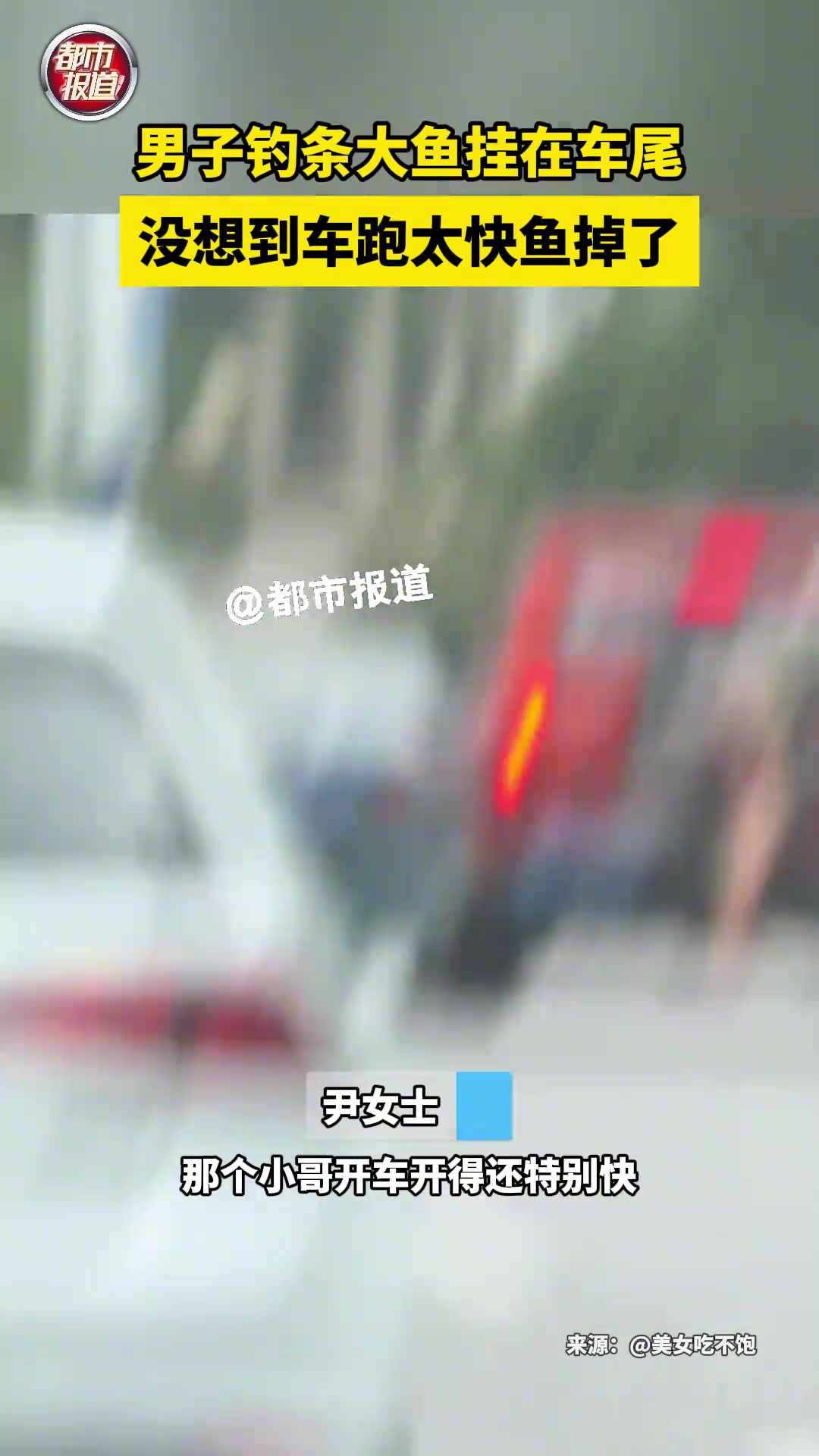 男子钓条大鱼挂在车尾 没想到车跑太快鱼掉了