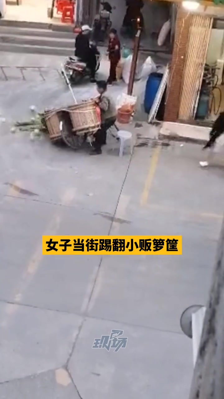女子当街踢翻小贩箩筐事后该女子在家人陪同下向小贩道歉