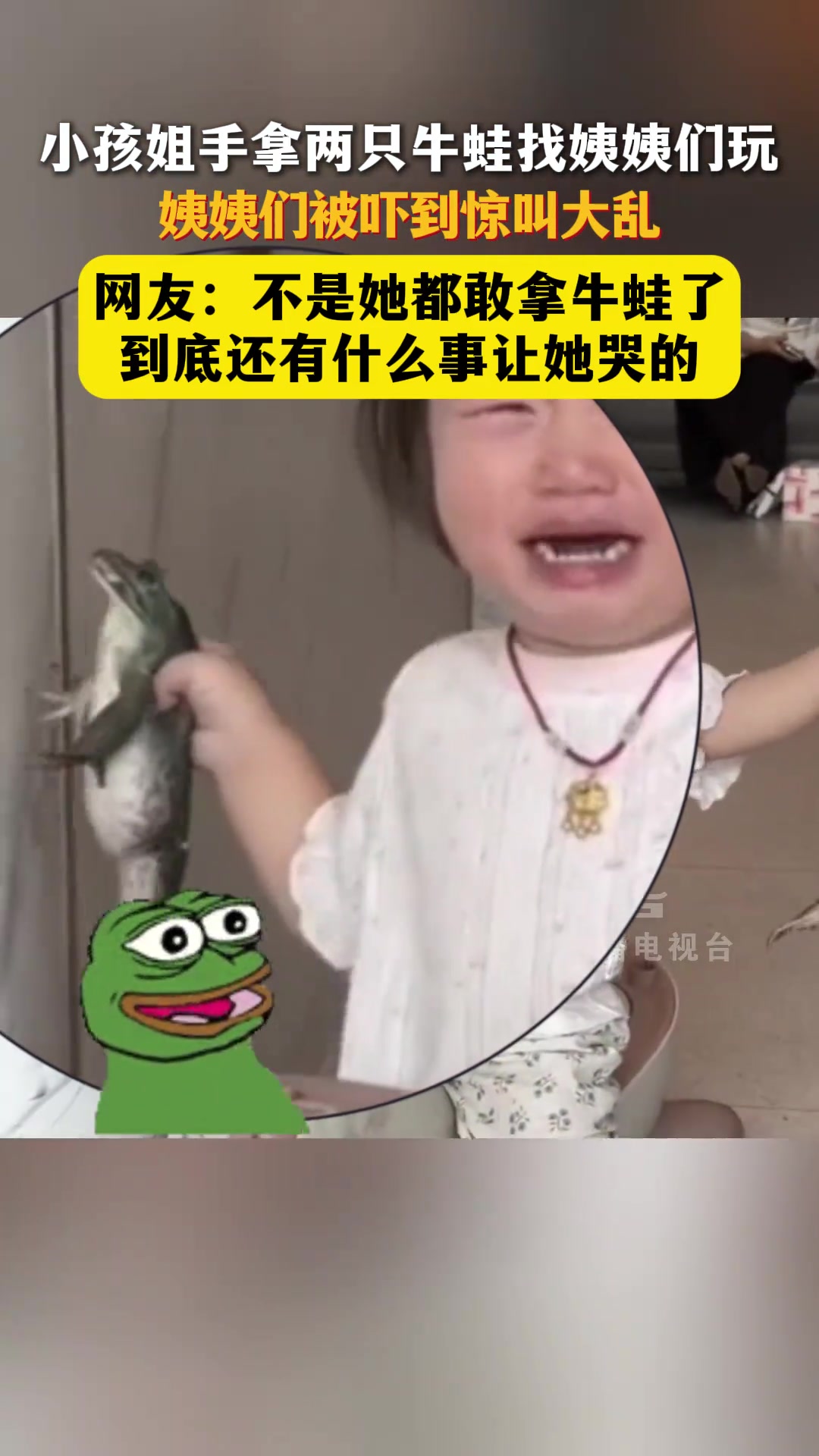 小孩姐手拿两只牛蛙找姨姨们玩，姨姨们被吓到惊叫大乱！