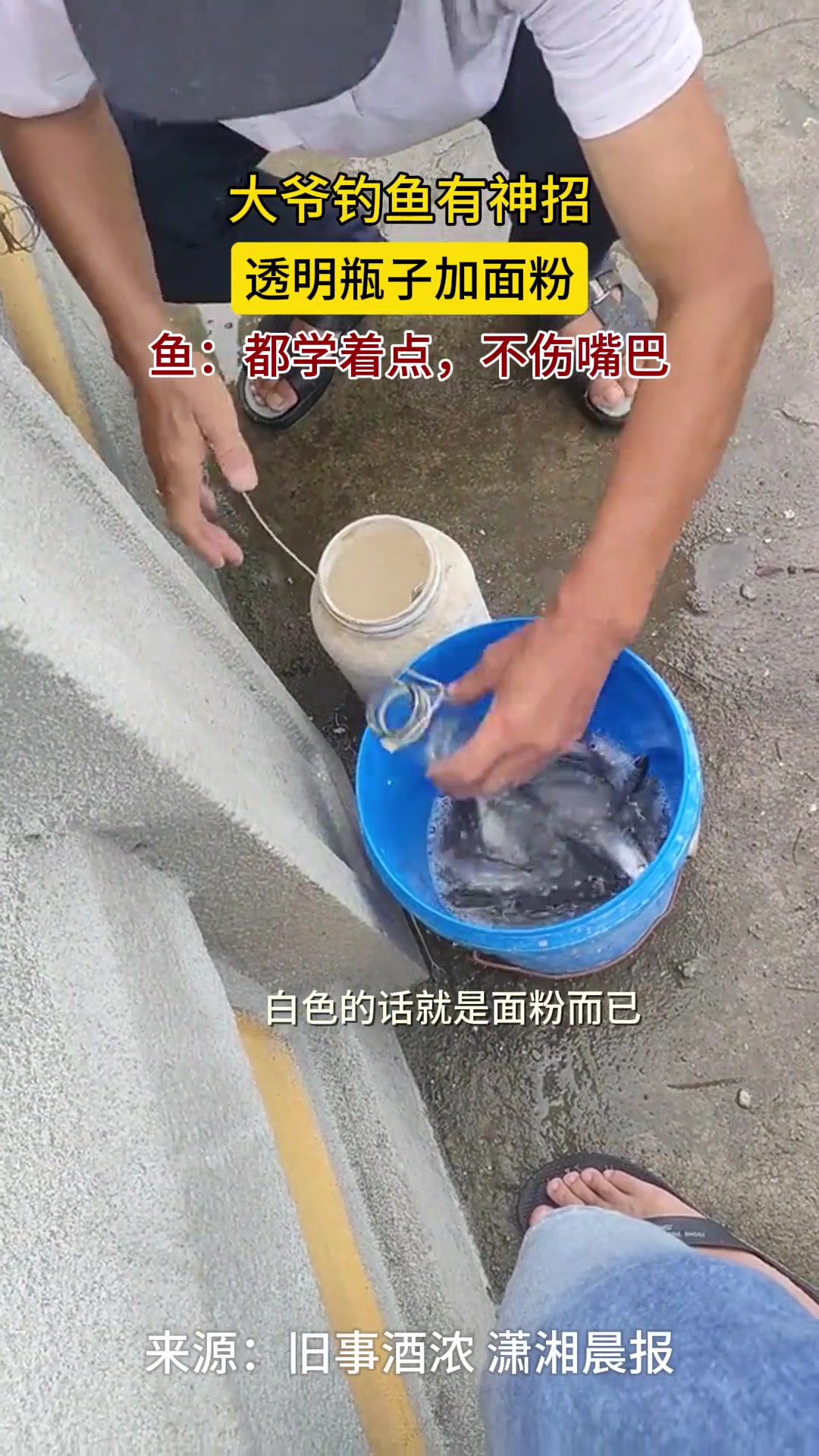 震惊！大爷钓鱼有神招：透明瓶子加面粉