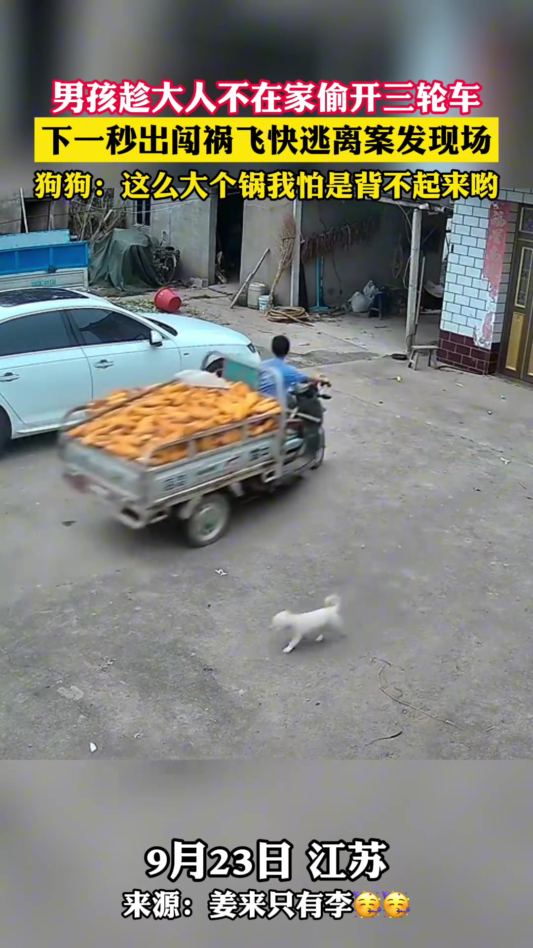 男孩趁大人不在家偷开三轮车，下一秒闯祸飞快逃离案发现场