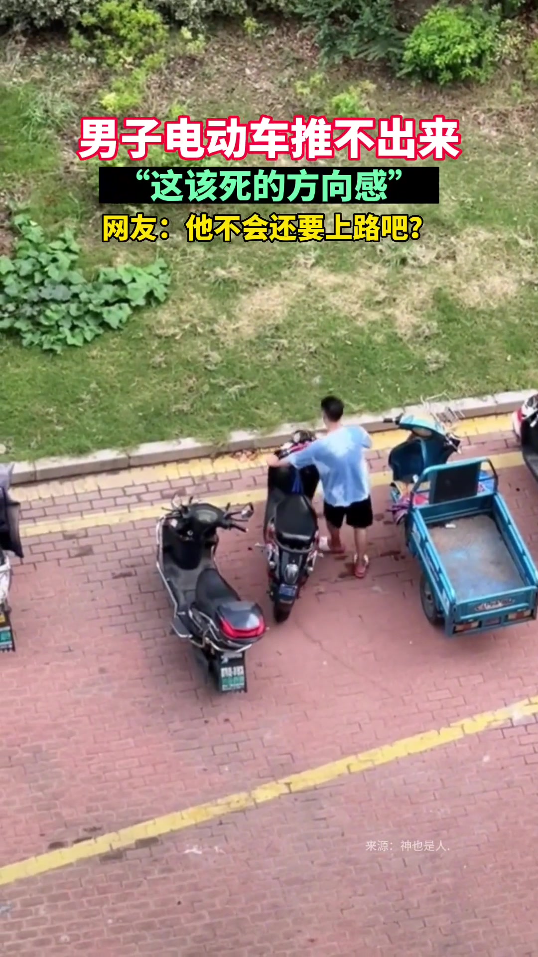 男子电动车推不出来“这该死的方向感”网友：他不会还要上路吧