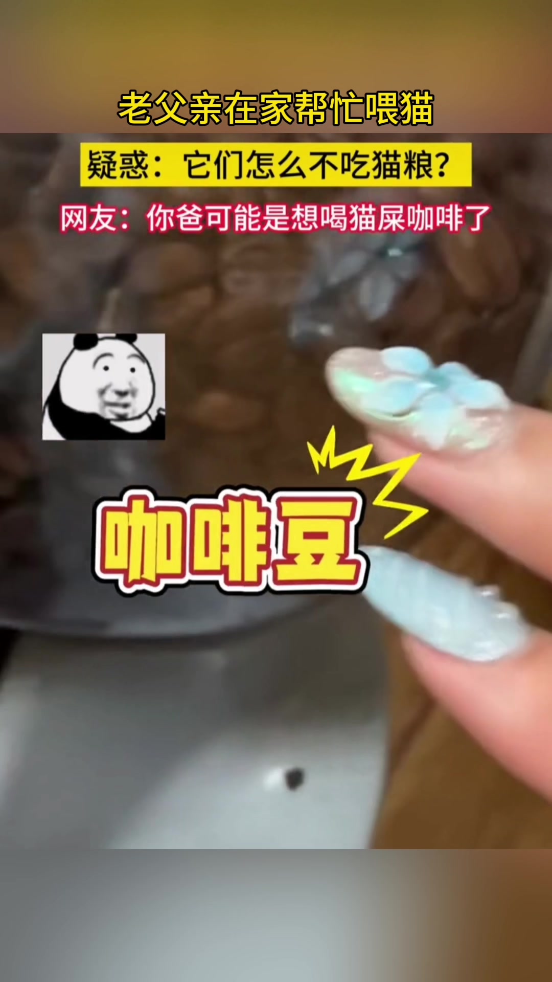 老父亲帮女儿喂猫，疑惑它们怎么不吃，女儿一看居然是咖啡豆