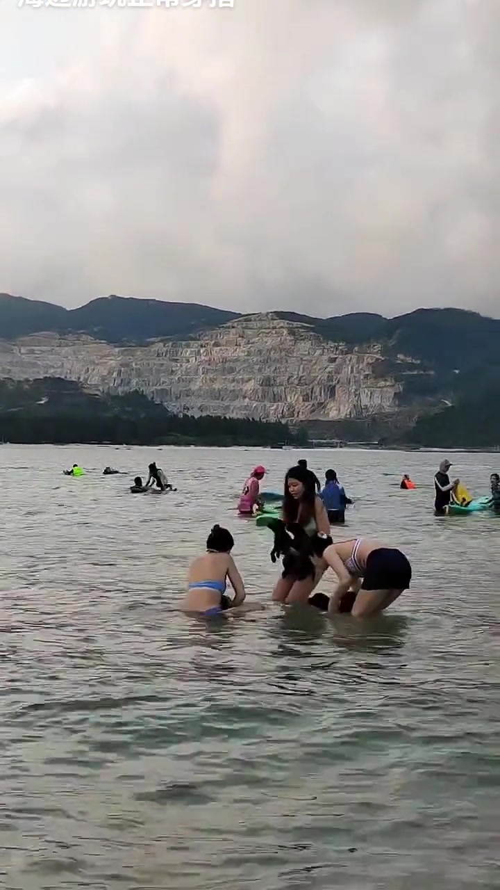 小姐姐带着狗狗玩冲浪啊