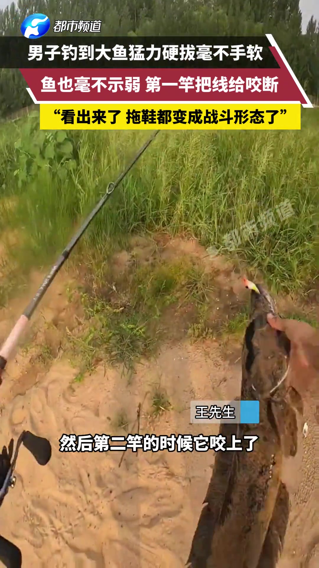 钓鱼佬钓到大黑鱼，直接飞上岸