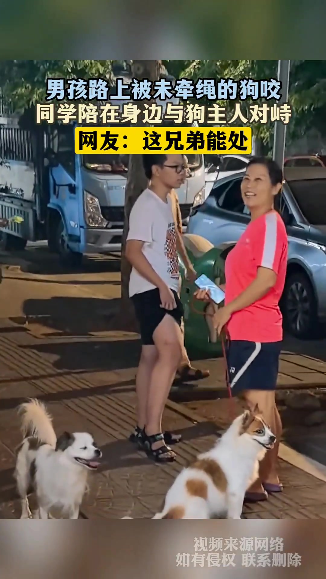 男孩被未牵绳狗咬伤，同学陪在身边对峙狗主人