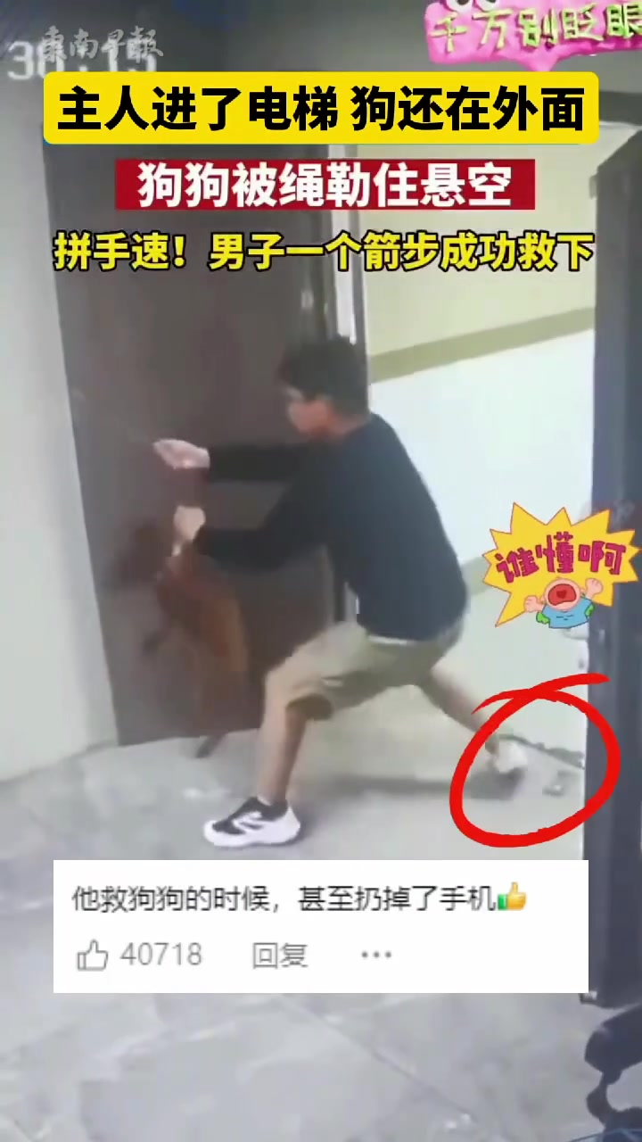 主人进了电梯狗还在外面，关键时刻男子冲刺救狗