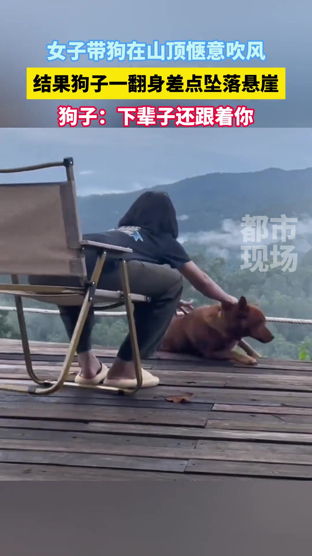 女子带狗在山顶惬意吹风结果狗子一翻身差点坠落悬崖