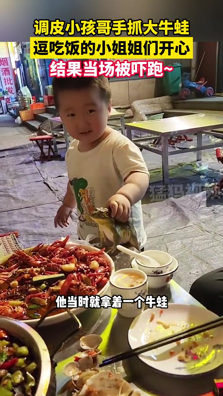 小姐姐直接吓跑！小男孩直接拿牛蛙找小姐姐！