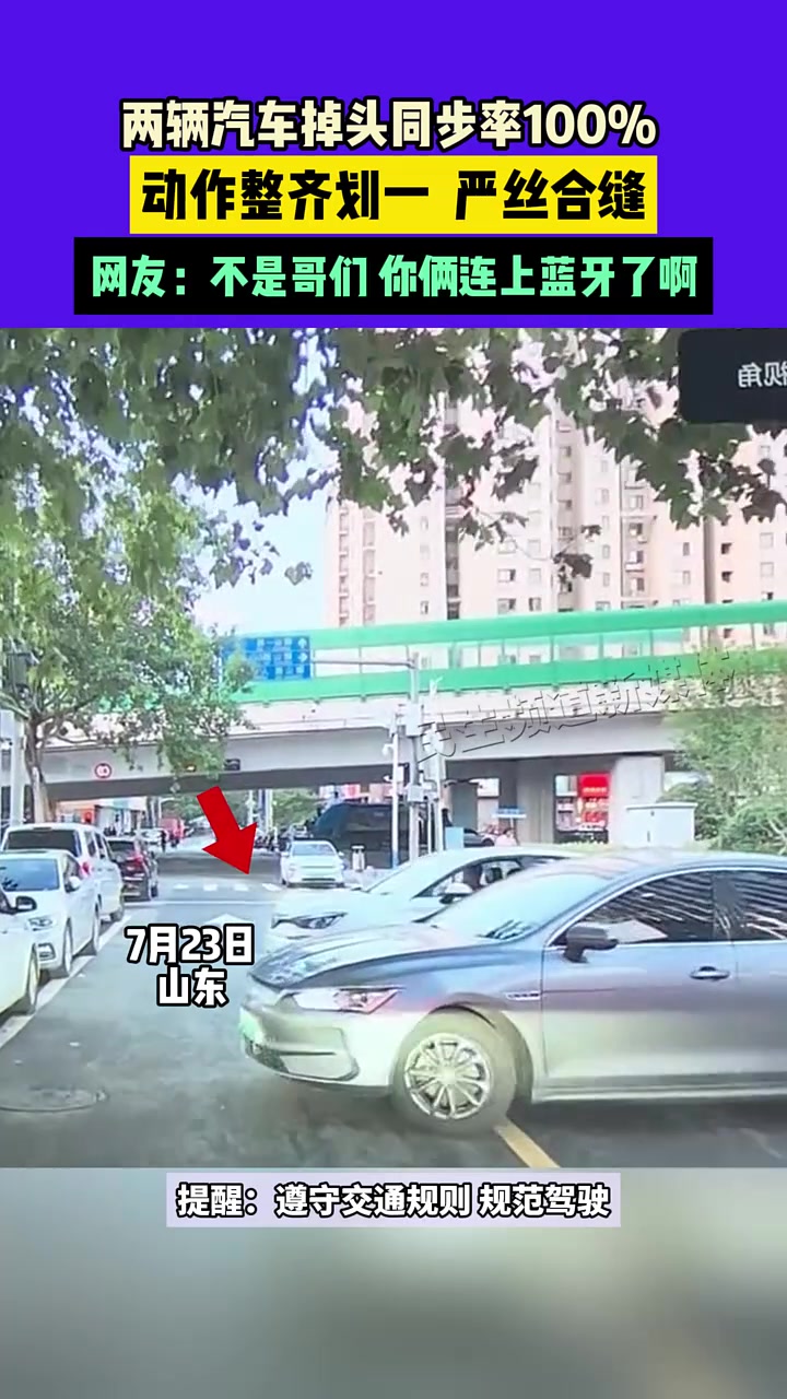 两辆汽车掉头同步率100%，动作整齐划一严丝合缝