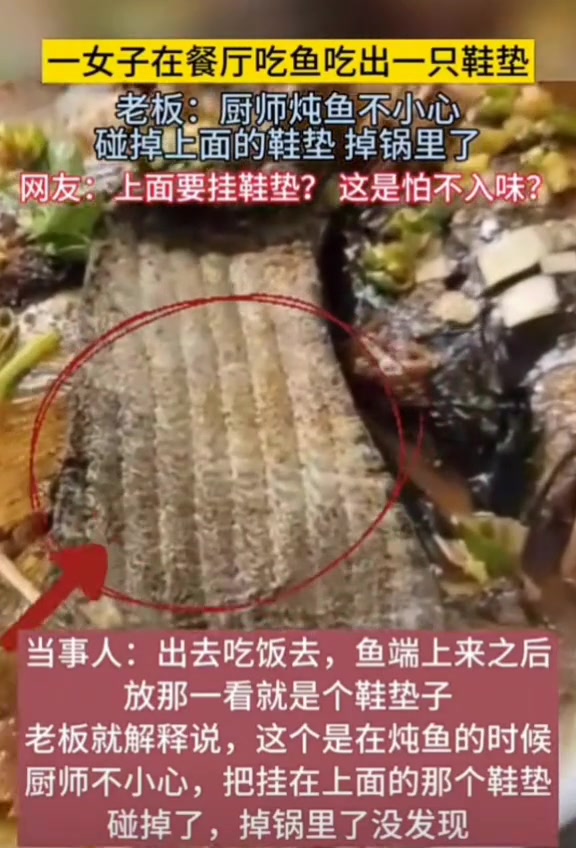 女子在餐厅吃鱼吃出一直鞋垫老板称炖鱼时不小心碰掉锅里