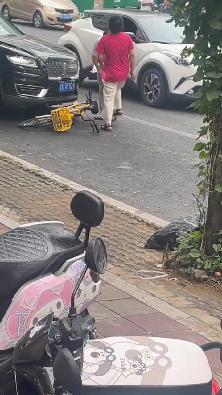 汽车撞倒自行车，撞倒女子对司机拳打脚踢