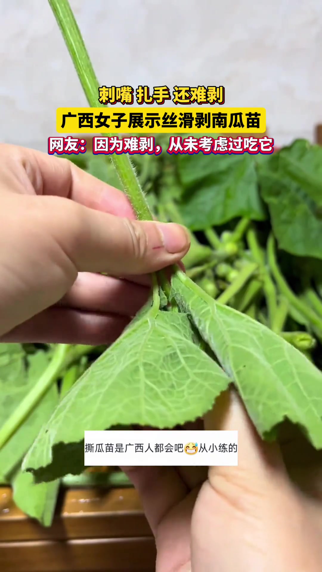 真解压呀！广西女子展示丝滑剥南瓜苗，你学会了吗